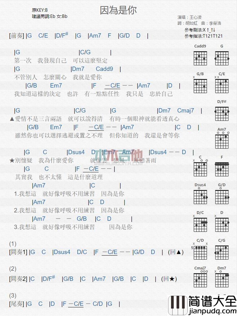 因为是你_吉他谱_王心凌