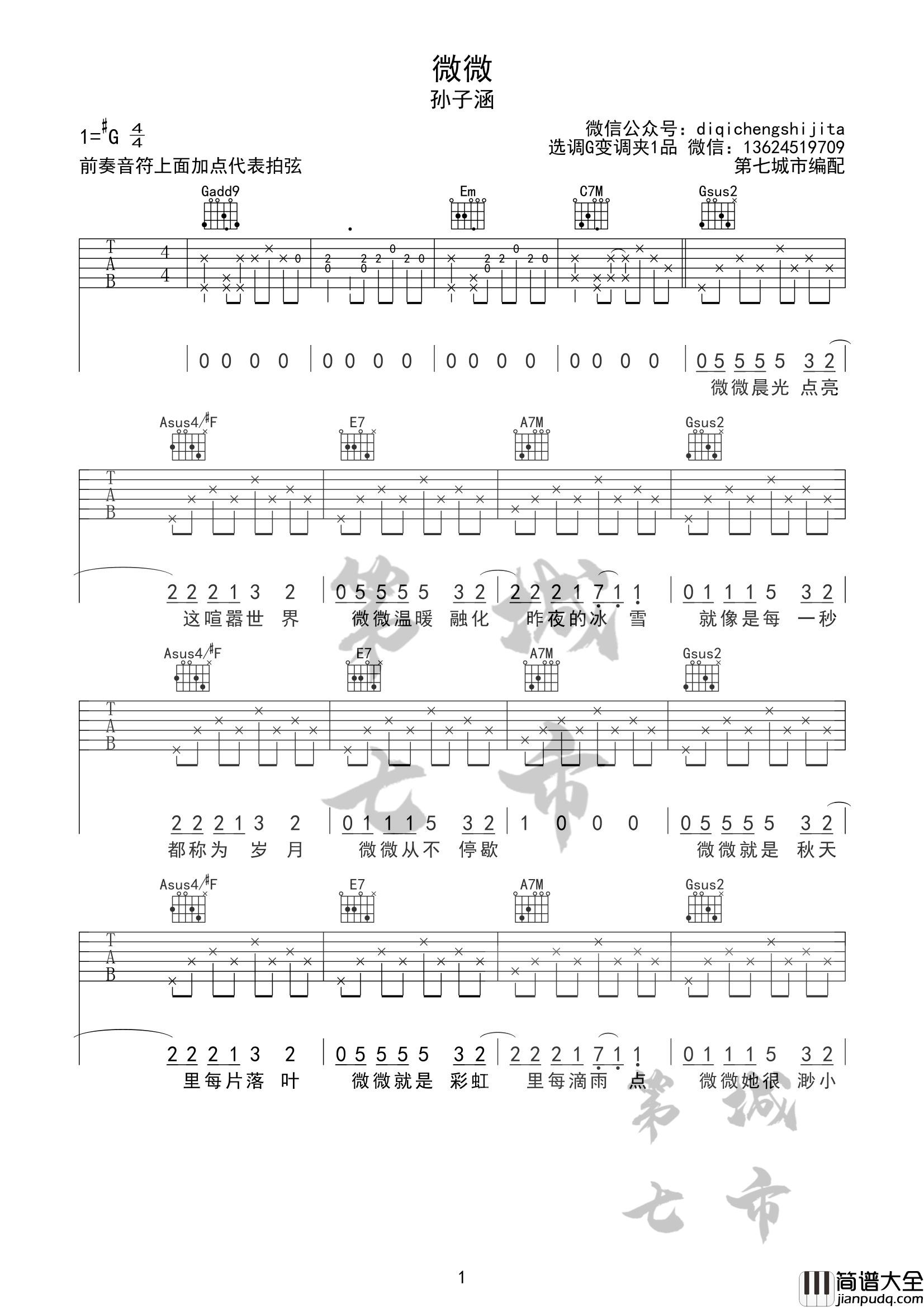 微微吉他谱_G调六线谱_第七城市编配_孙子涵