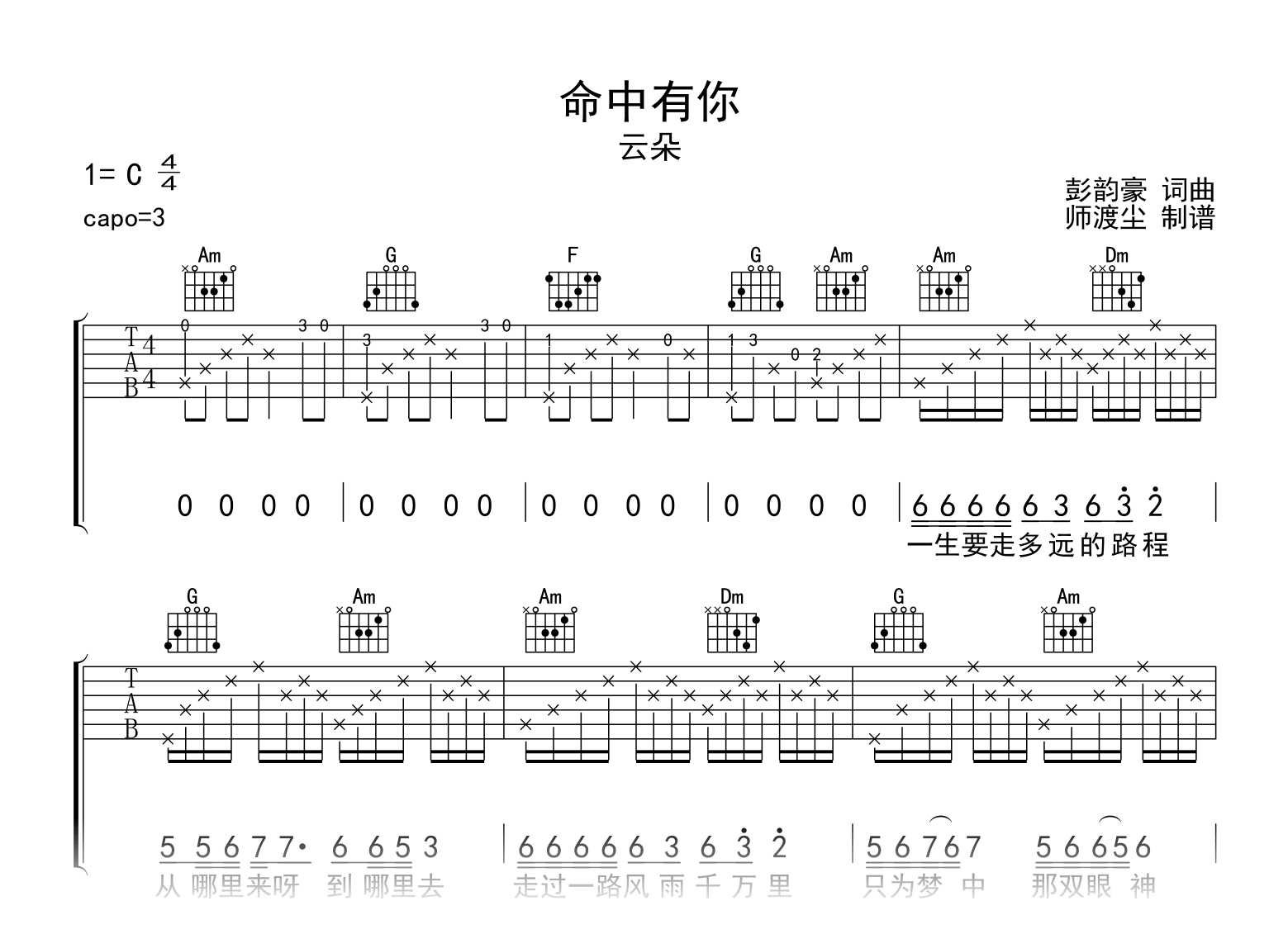 命中有你吉他谱_云朵_C调指法_弹唱六线谱