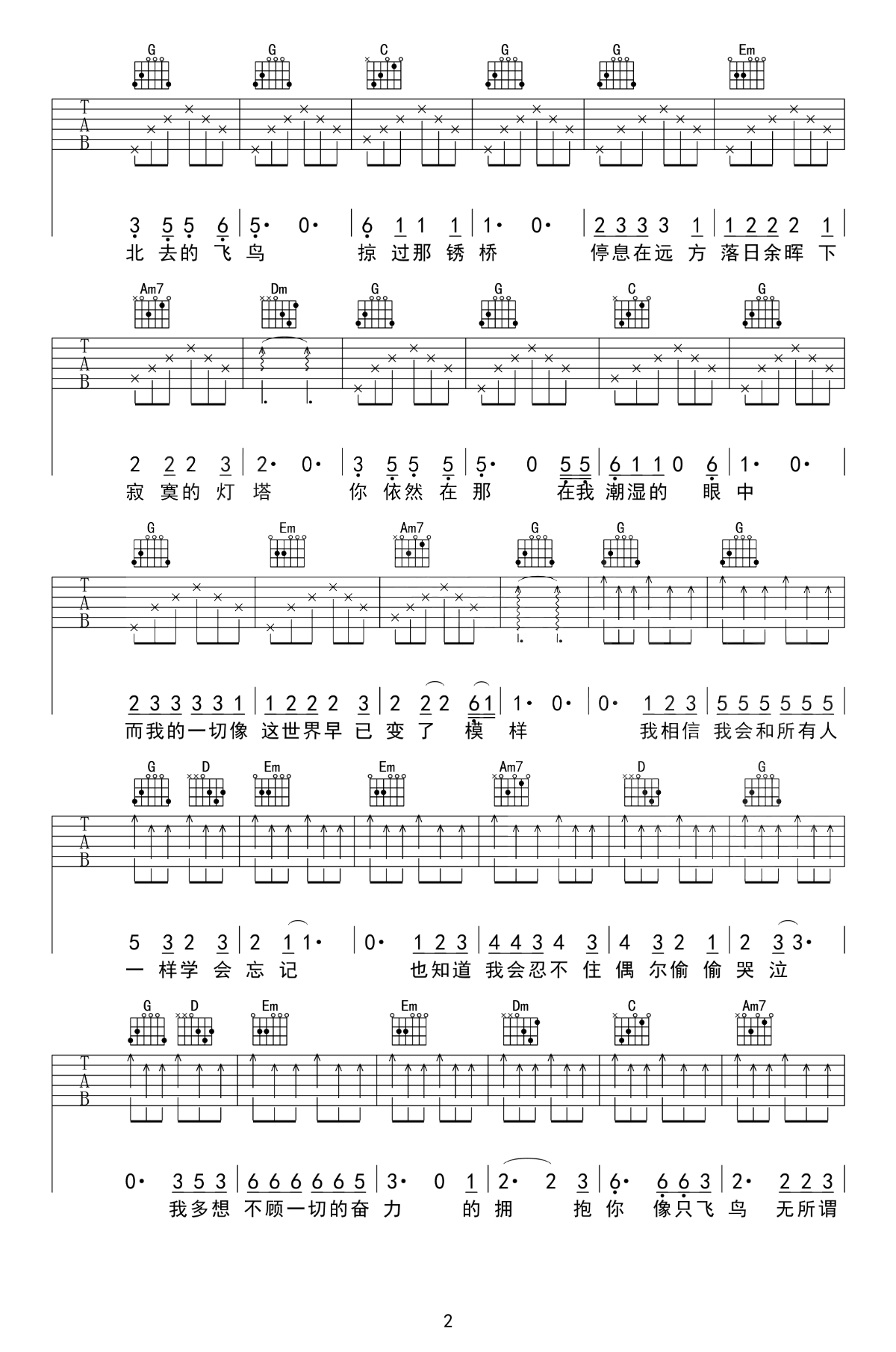 飞鸟吉他谱_汪峰_G调弹唱谱__飞鸟_吉他教学视频