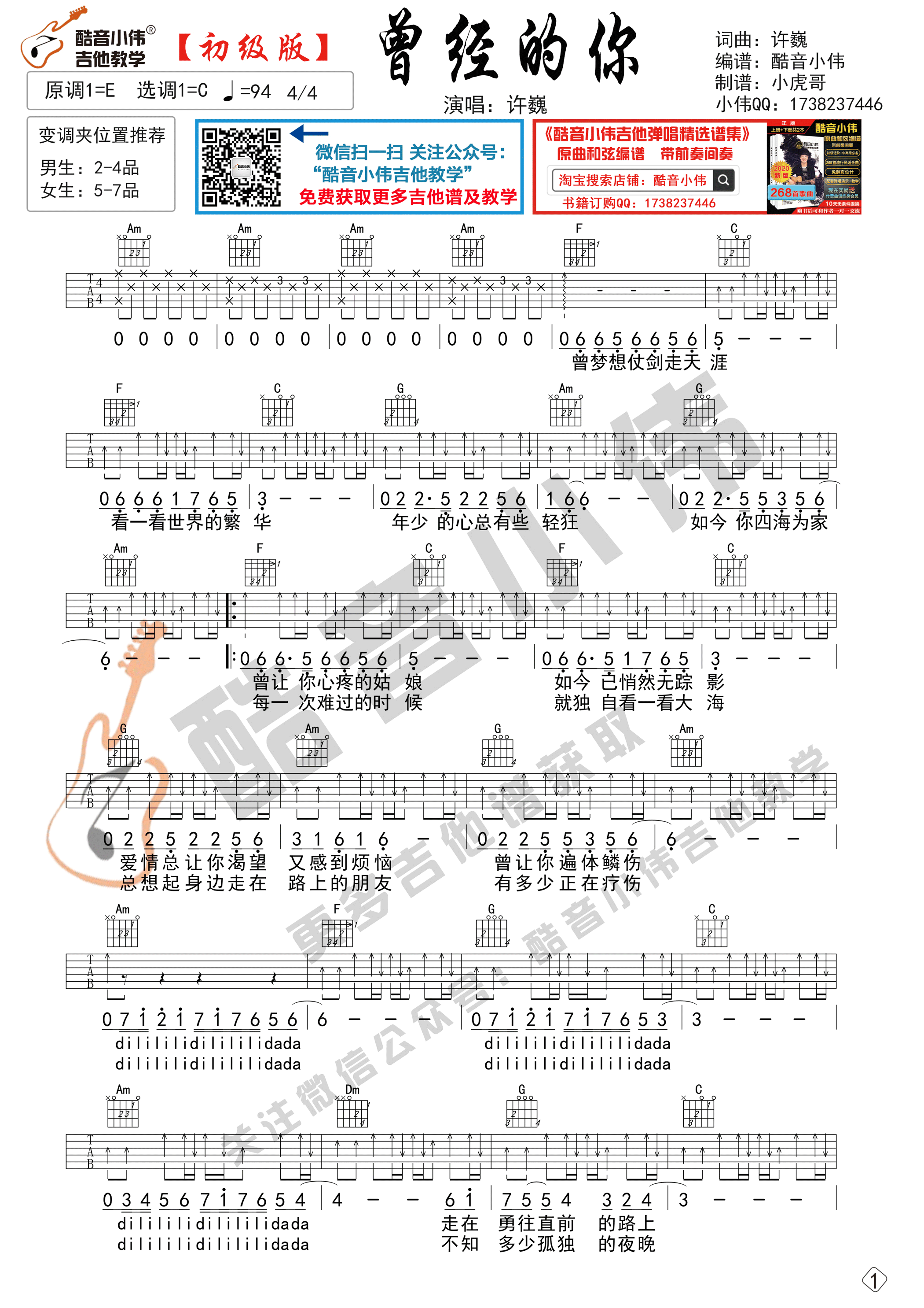 _曾经的你_吉他谱C调初级版_许巍