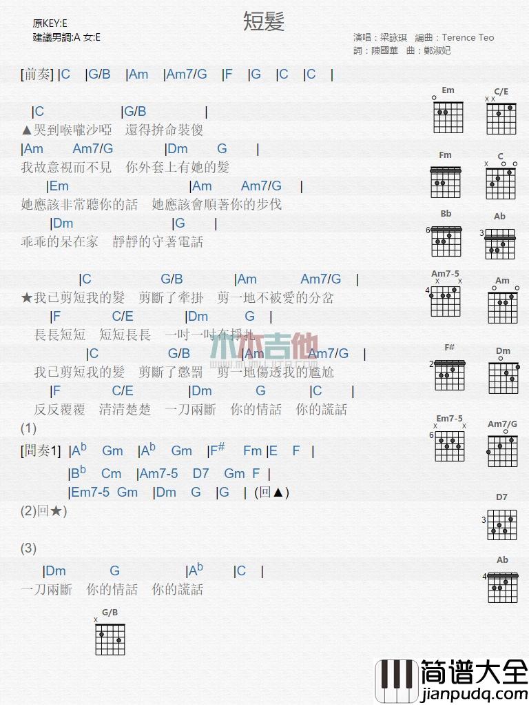 短发_吉他谱_梁咏琪