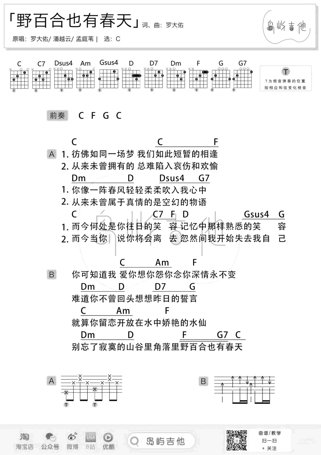 野百合也有春天吉他谱_罗大佑/孟庭苇_C调弹唱谱