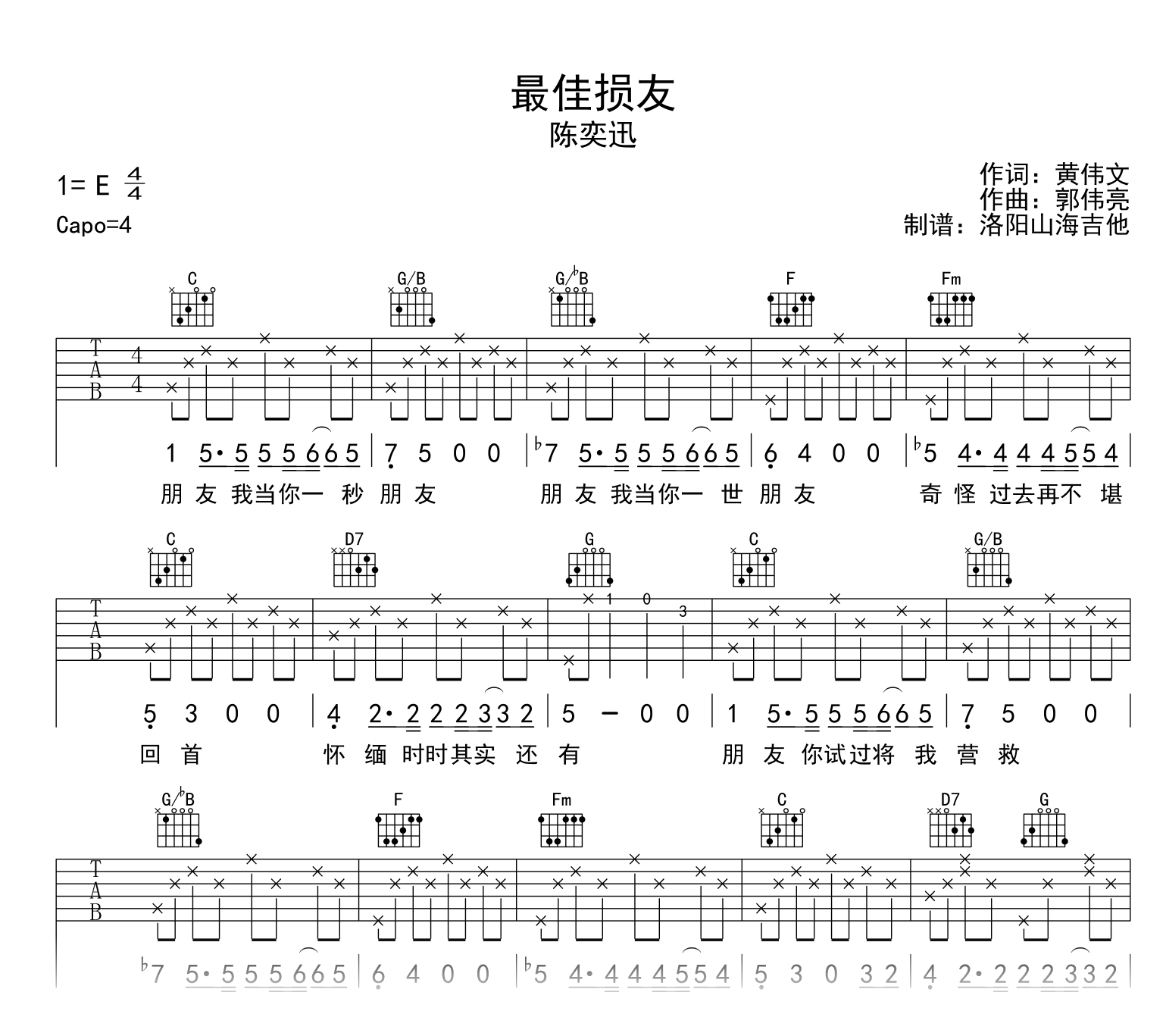 陈奕迅_最佳损友_吉他谱_C调弹唱谱_高清完整版