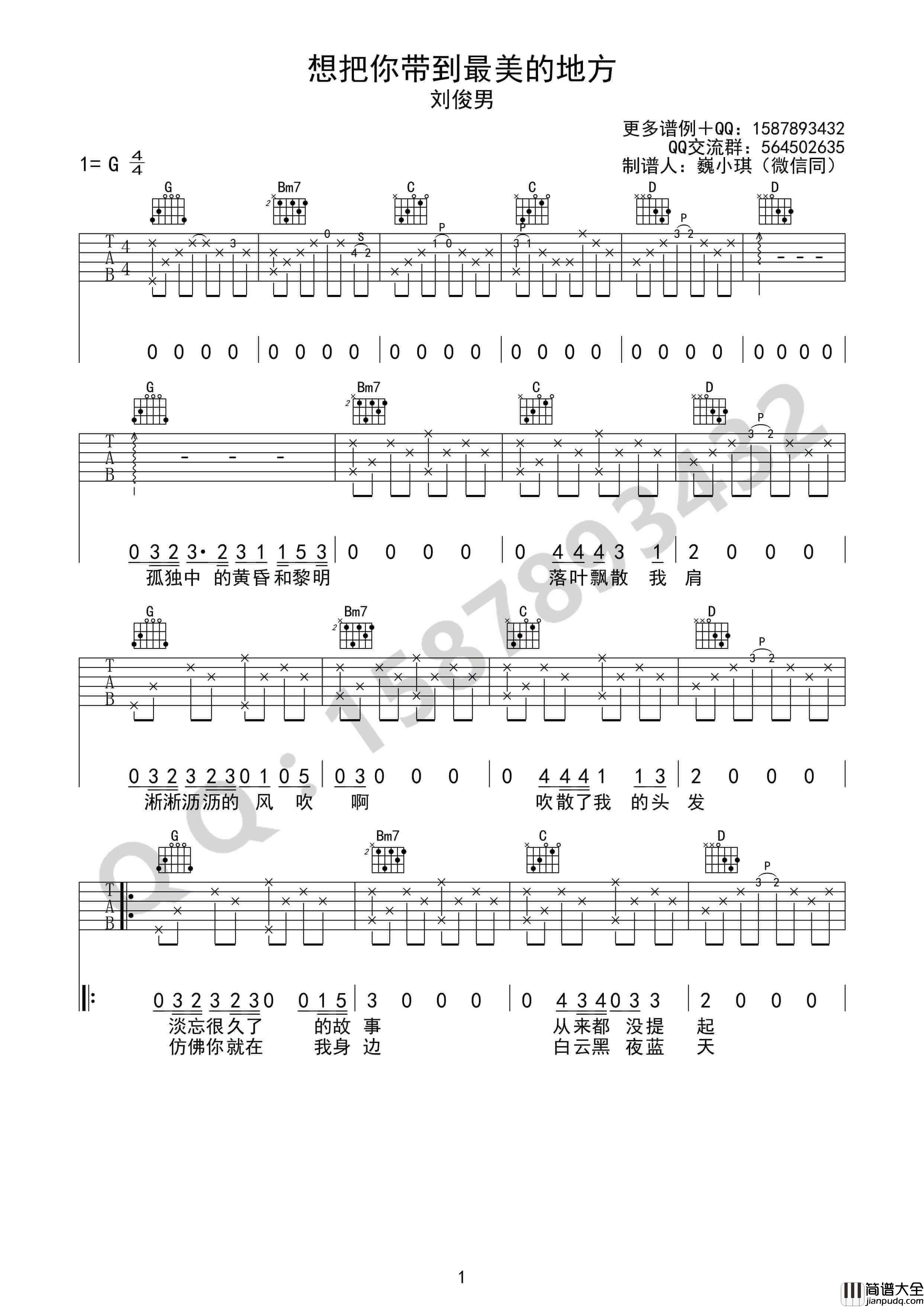 想把你带到最美的地方吉他谱_G调简单版_巍小琪编配_刘俊男