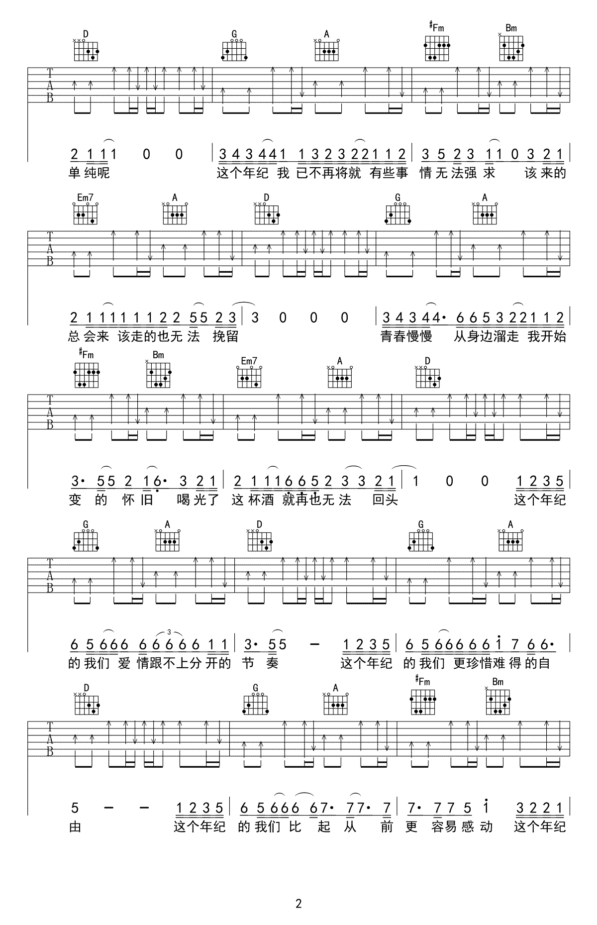 这个年纪吉他谱_齐一_D调六线谱_高清弹唱谱