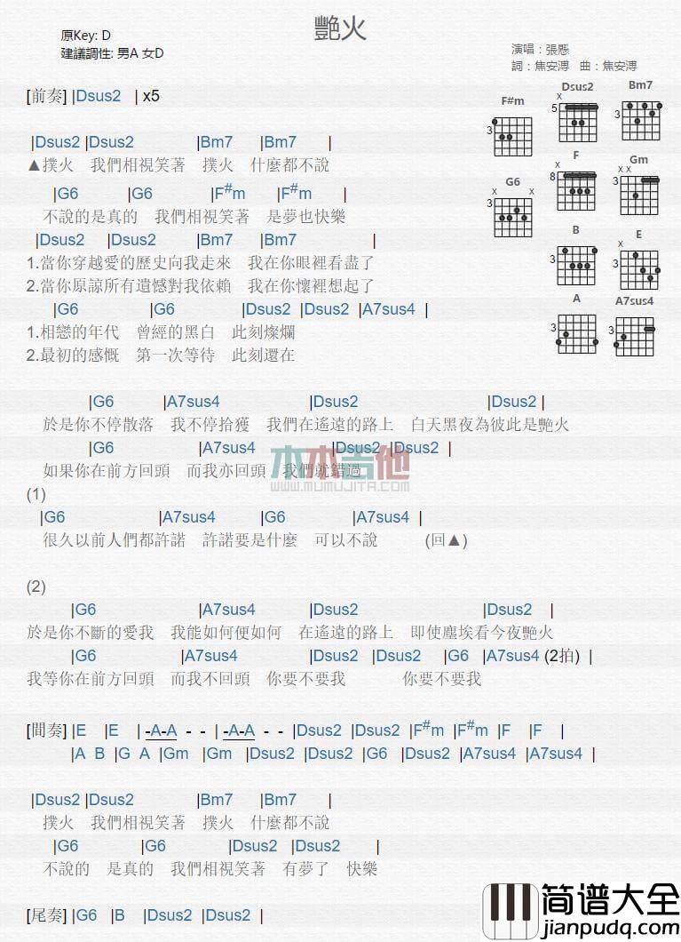 艳火吉他谱_D调和弦谱_张悬