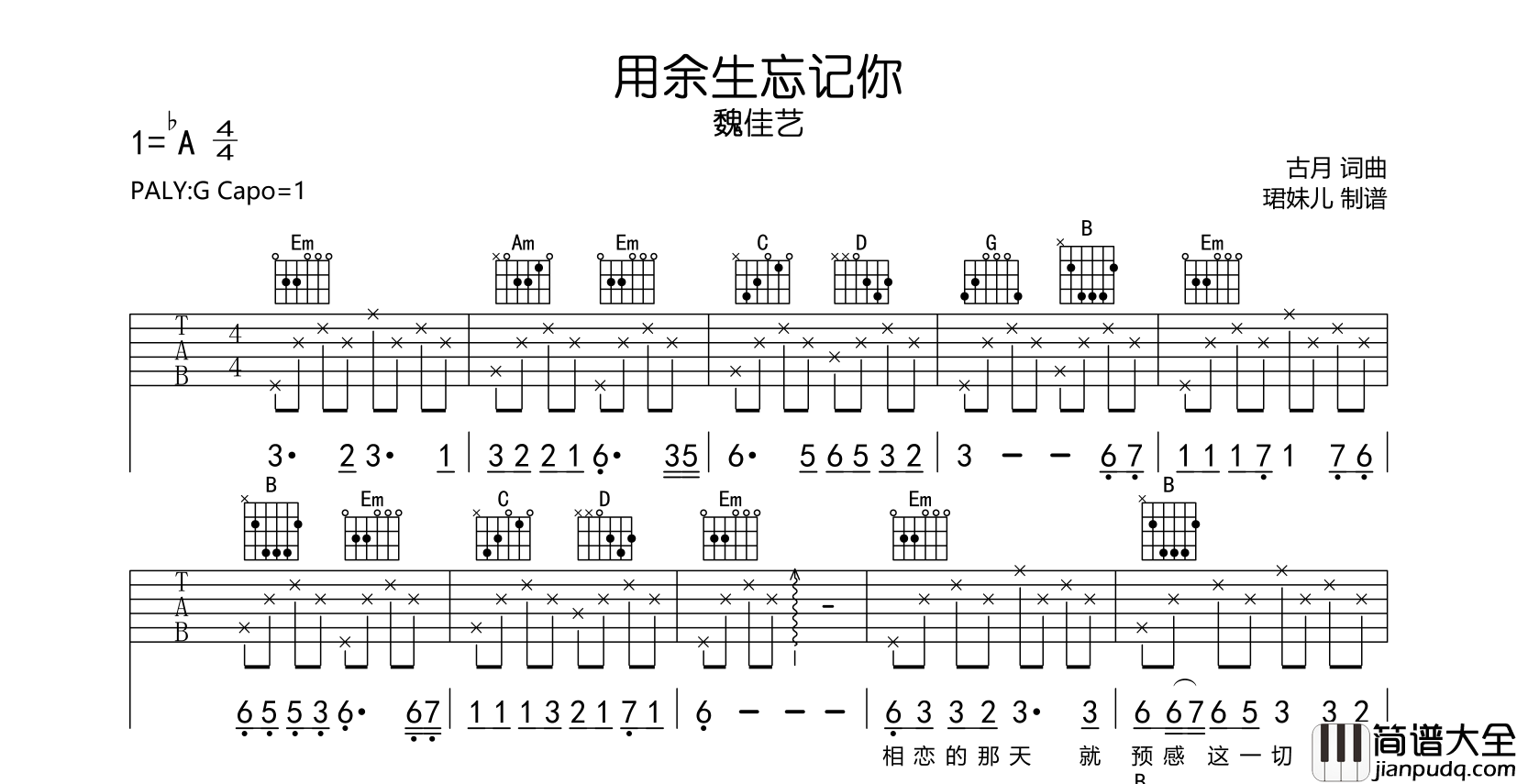 魏佳艺_用余生忘记你_吉他谱_G调吉他弹唱谱