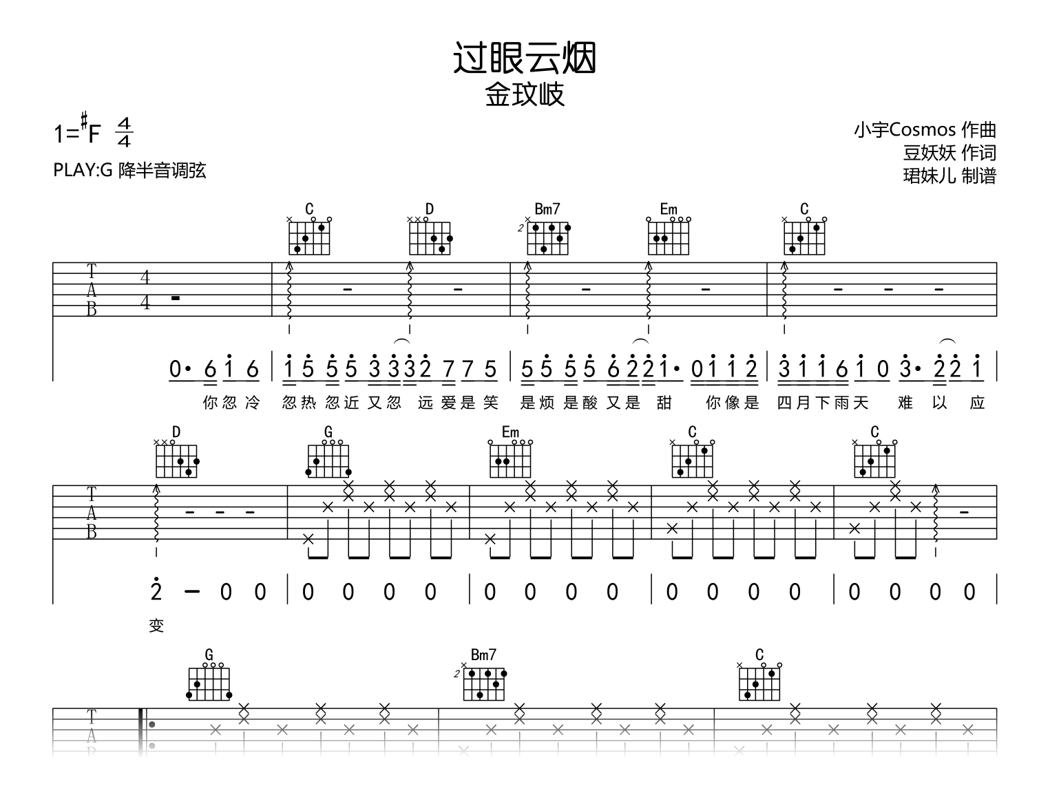 过眼云烟吉他谱_金玟岐_G调高清弹唱谱