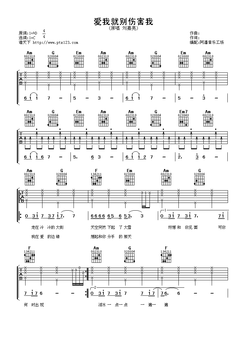 爱我就别伤害我吉他谱_C调简单版_阿潘音乐工场编配_刘嘉亮