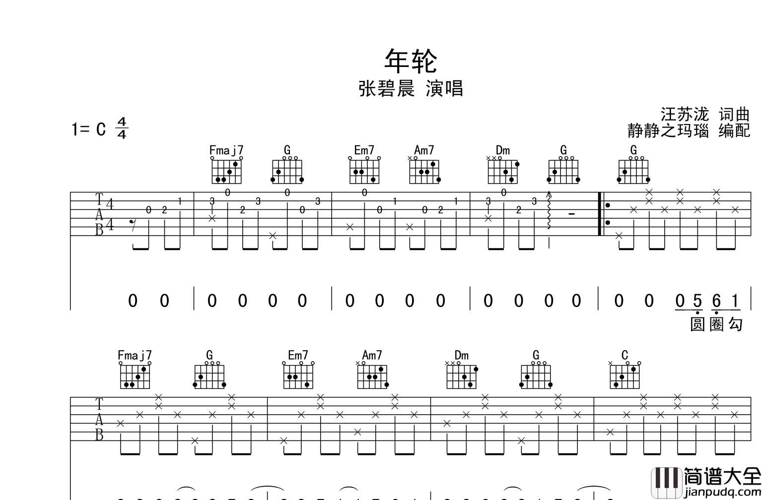 年轮吉他谱_张碧晨_C调原版六线谱__年轮_吉他弹唱谱