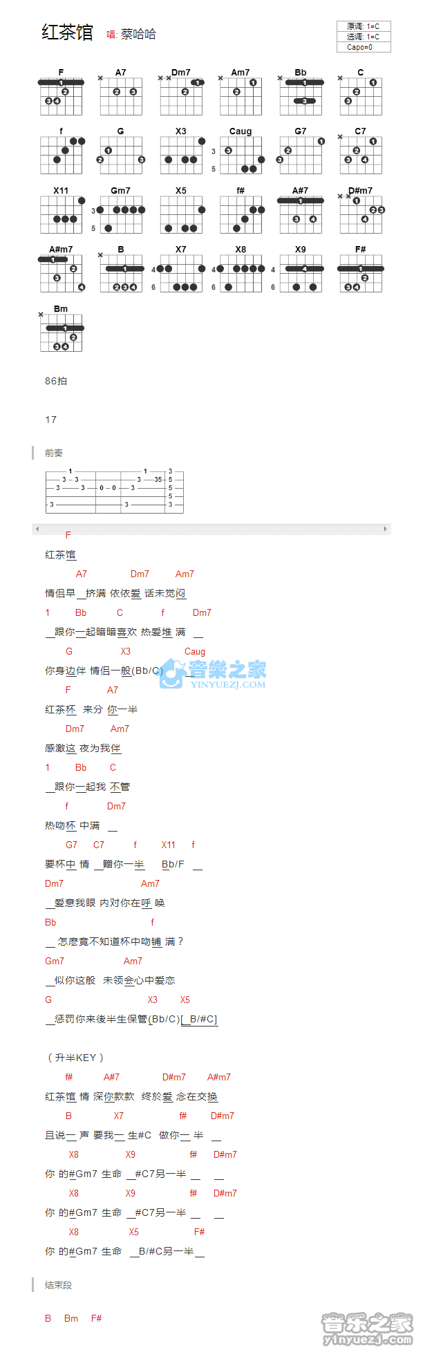 红茶馆吉他谱_C调和弦谱_陈慧娴