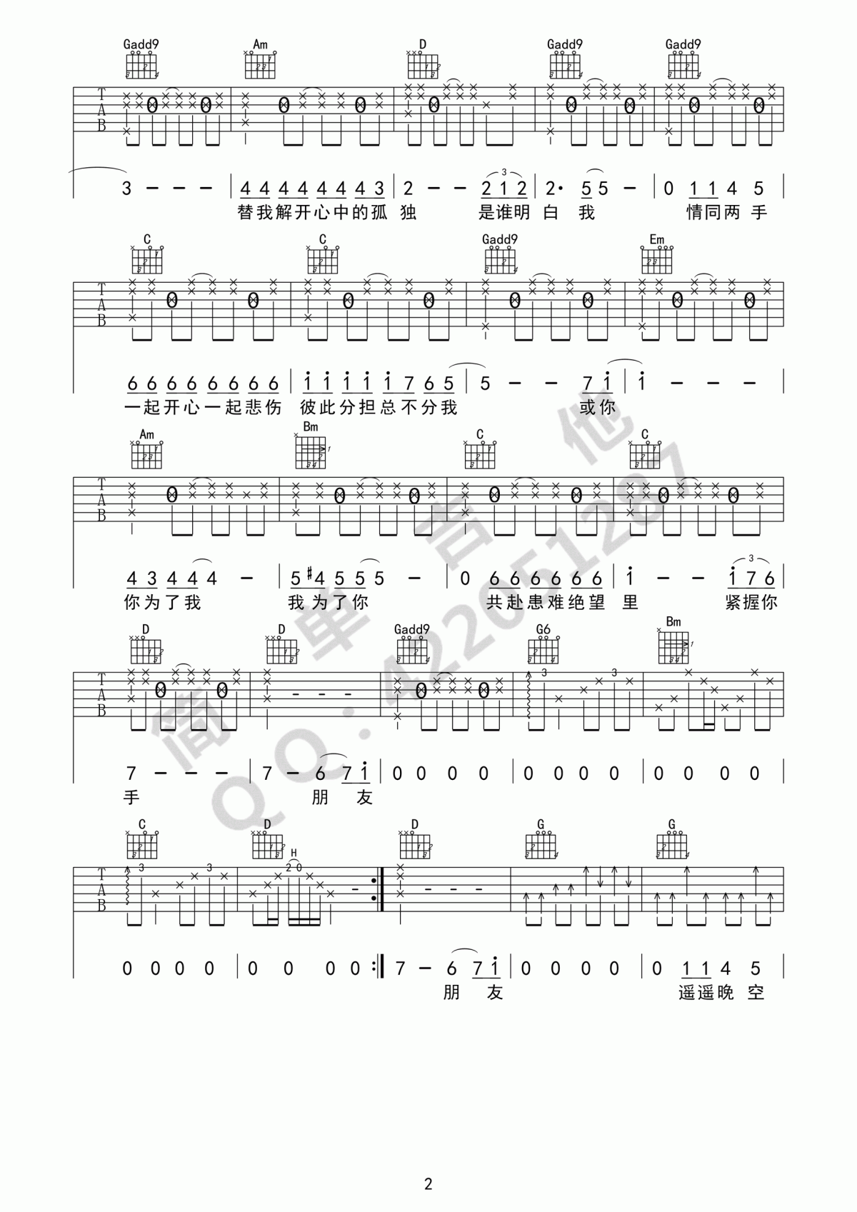 朋友吉他谱_谭咏麟（D调