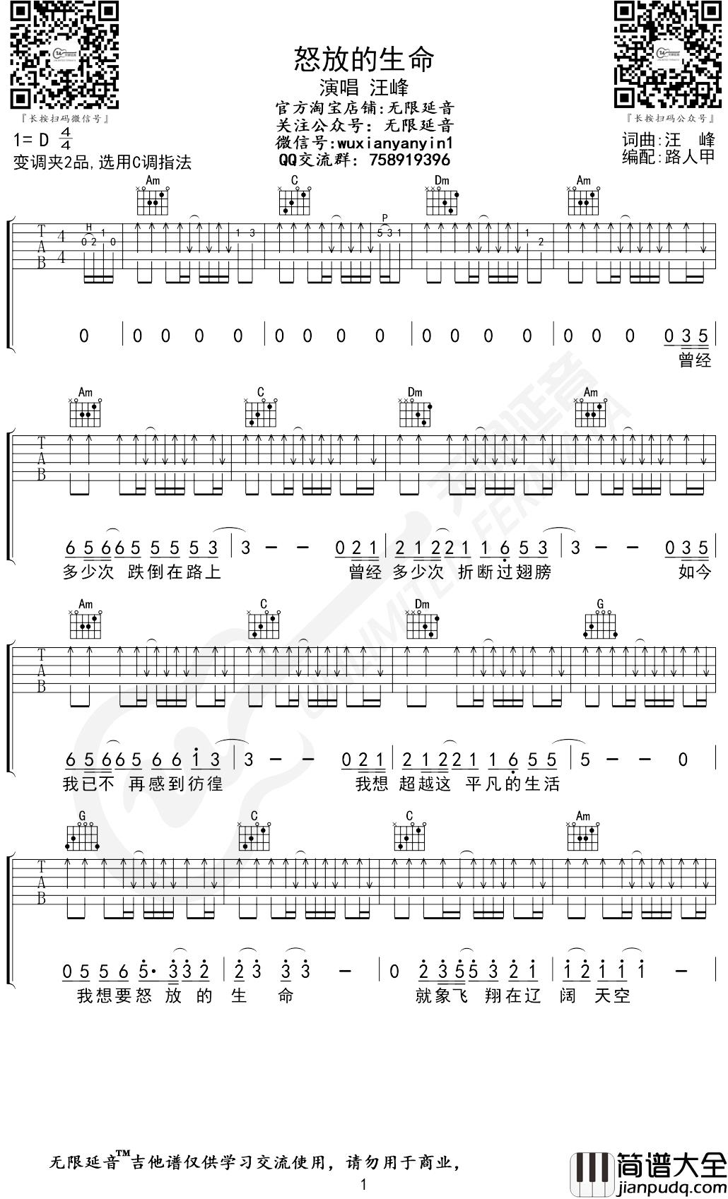 怒放的生命吉他谱_C调弹唱谱_汪峰_无限延音编配
