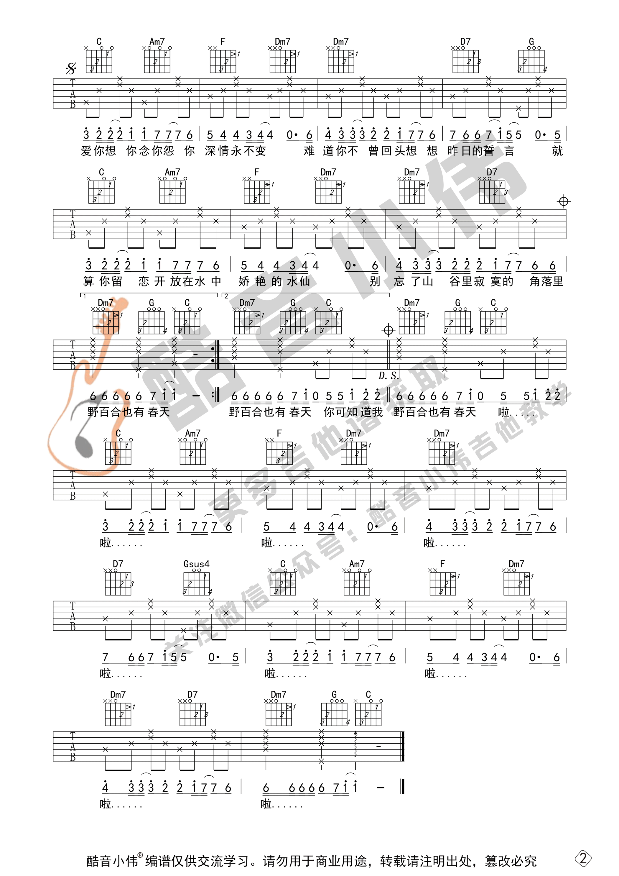 _野百合也有春天_吉他谱C调初级版_酷音小伟编谱_罗大佑