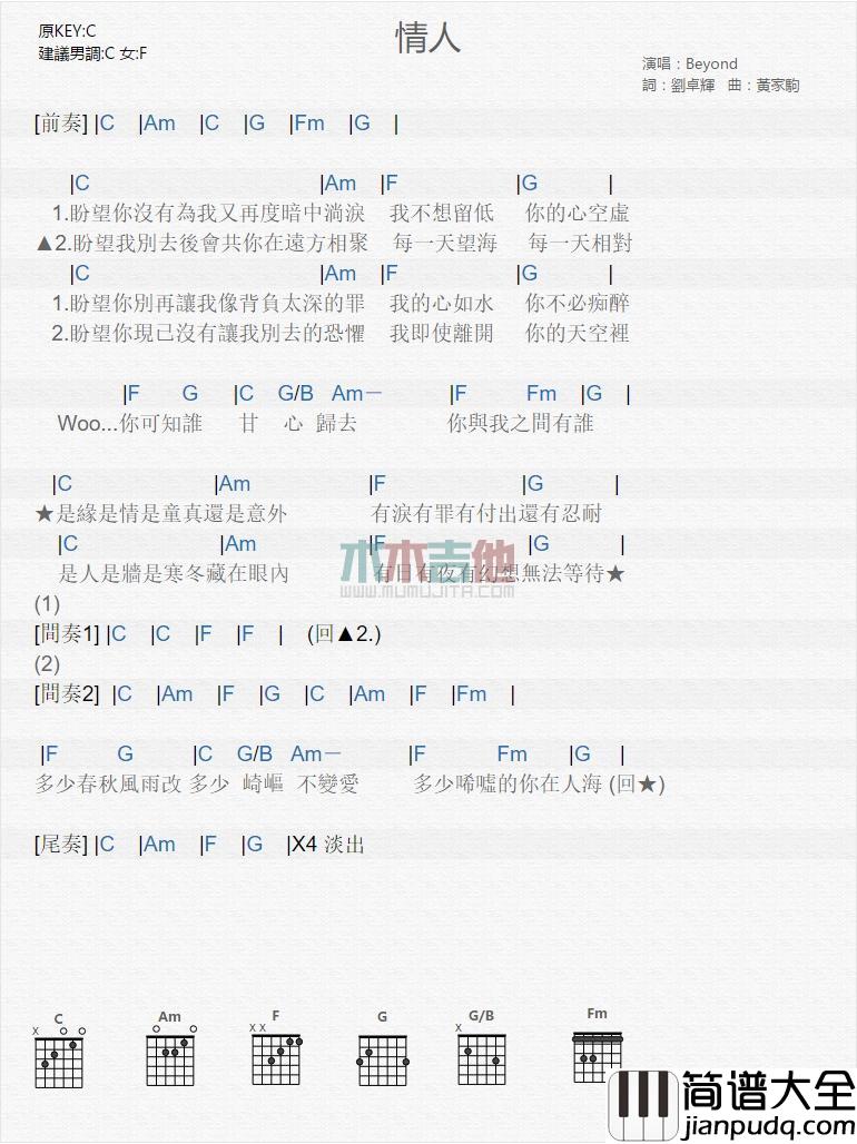 情人_吉他谱_Beyond