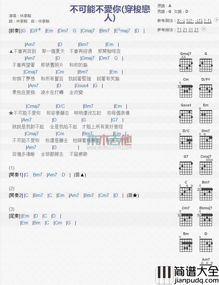 不可能不爱你_吉他谱_林亭翰