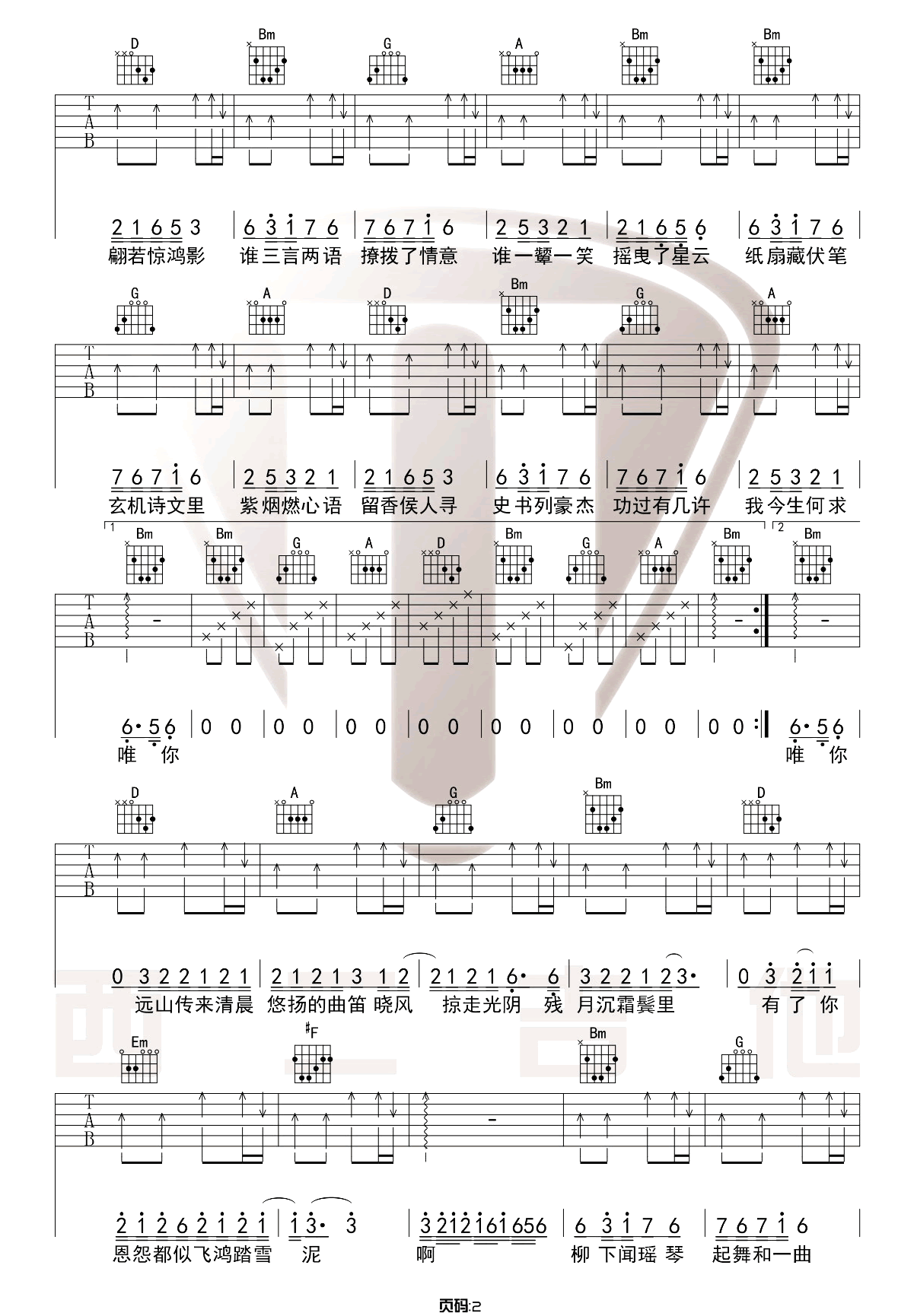 _惊鸿一面_吉他谱_许嵩/黄龄_C调原版六线谱_吉他弹唱教学