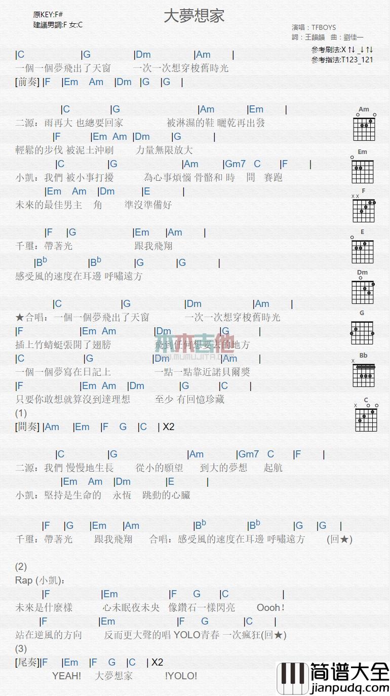 大梦想家_吉他谱_TFBOYS