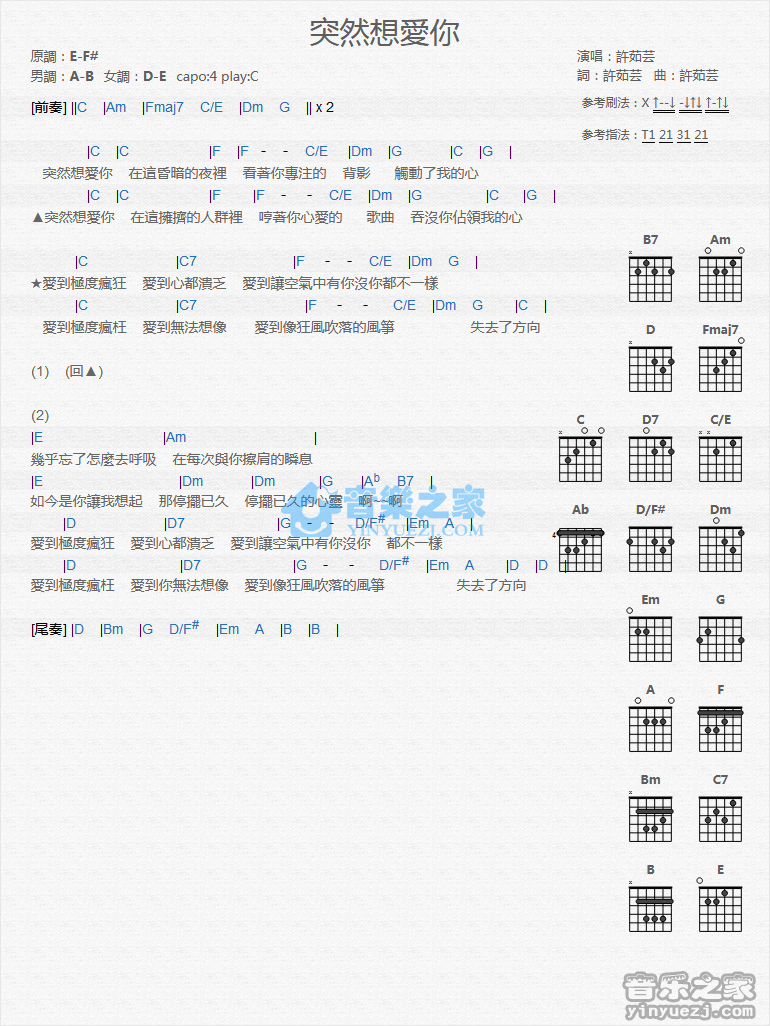 突然想爱你吉他谱_C调_许茹芸