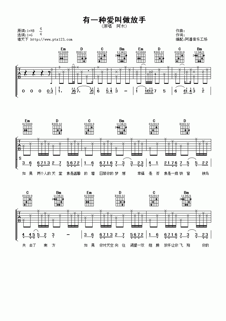 阿木_有一种爱叫做放手吉他谱_谱天下版