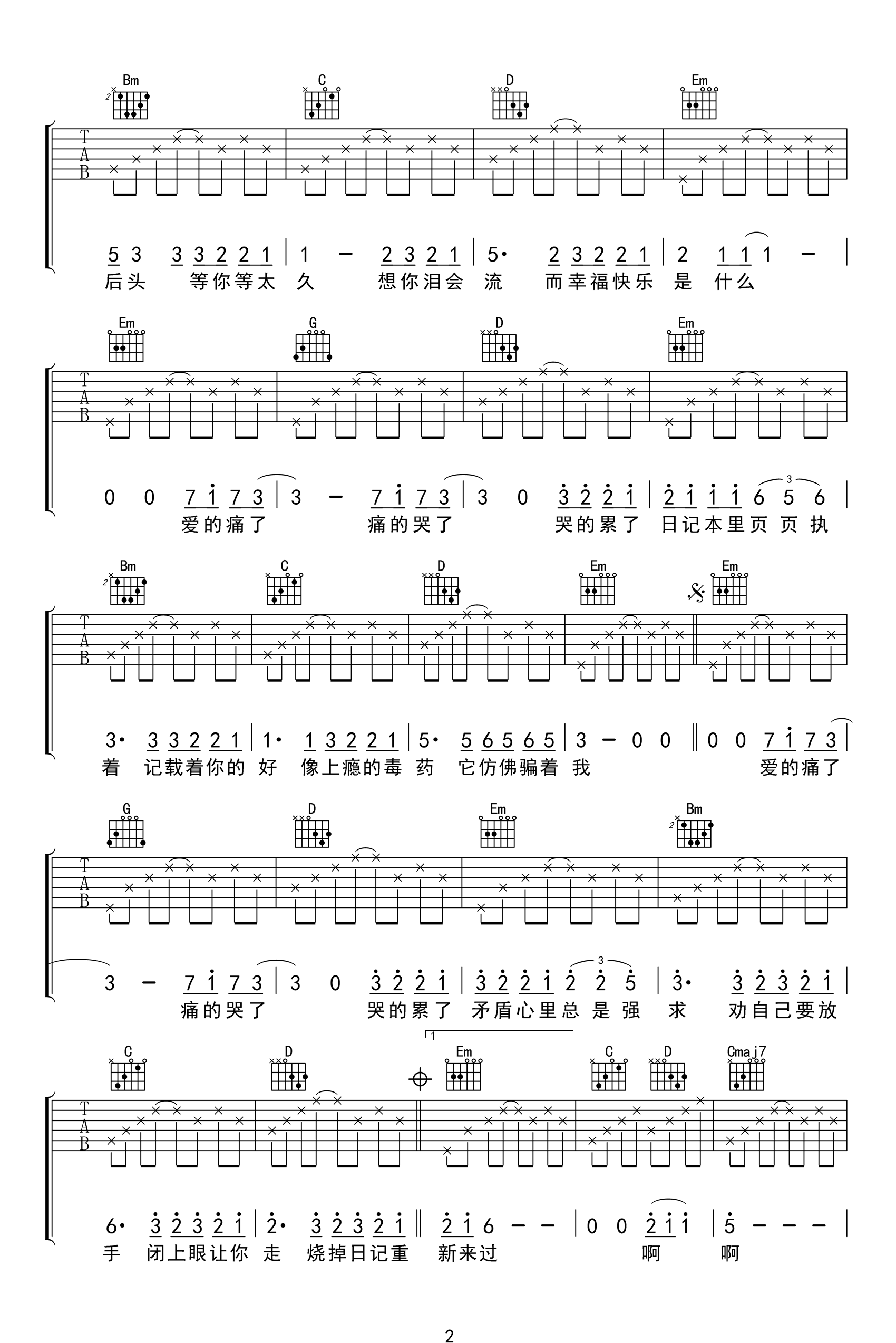 记事本吉他谱_陈慧琳_G调弹唱谱_高清六线谱