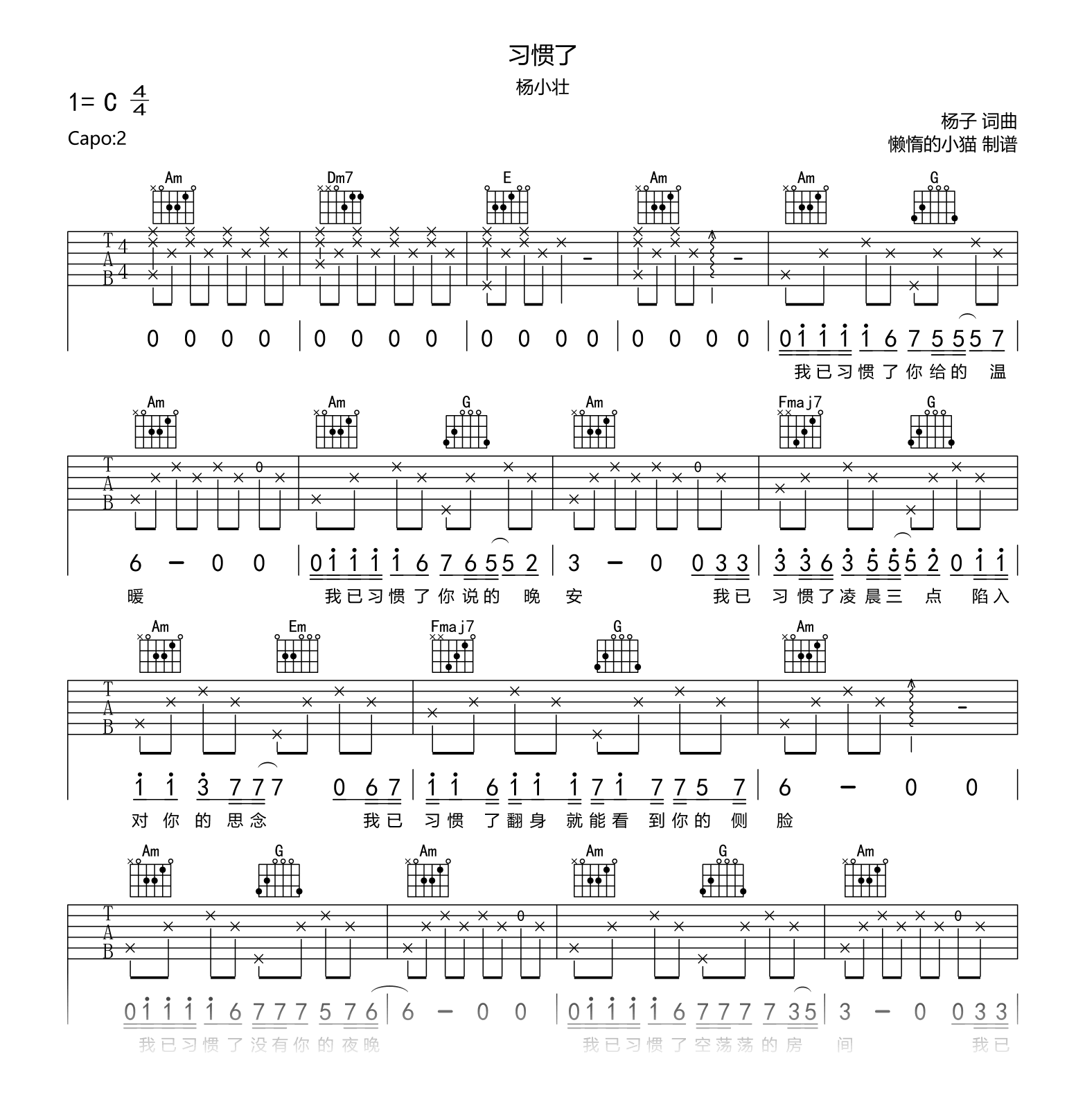 习惯了吉他谱_杨小壮_C调_弹唱六线谱
