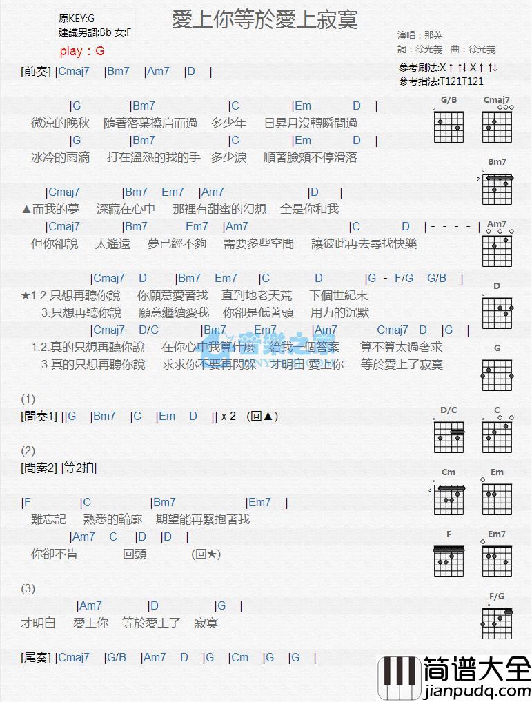 爱上你等于爱上寂寞吉他谱G调版_那英