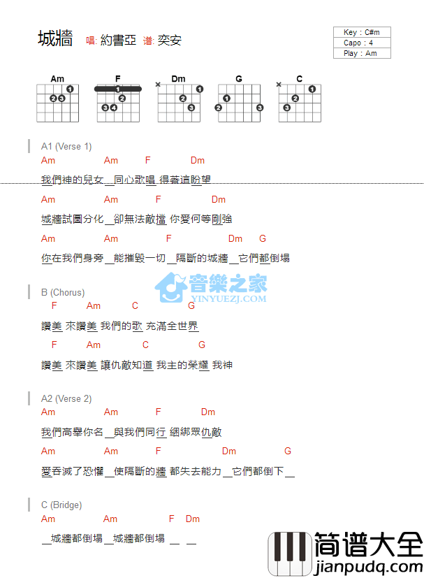 城墙_吉他谱_Am调版_约书亚