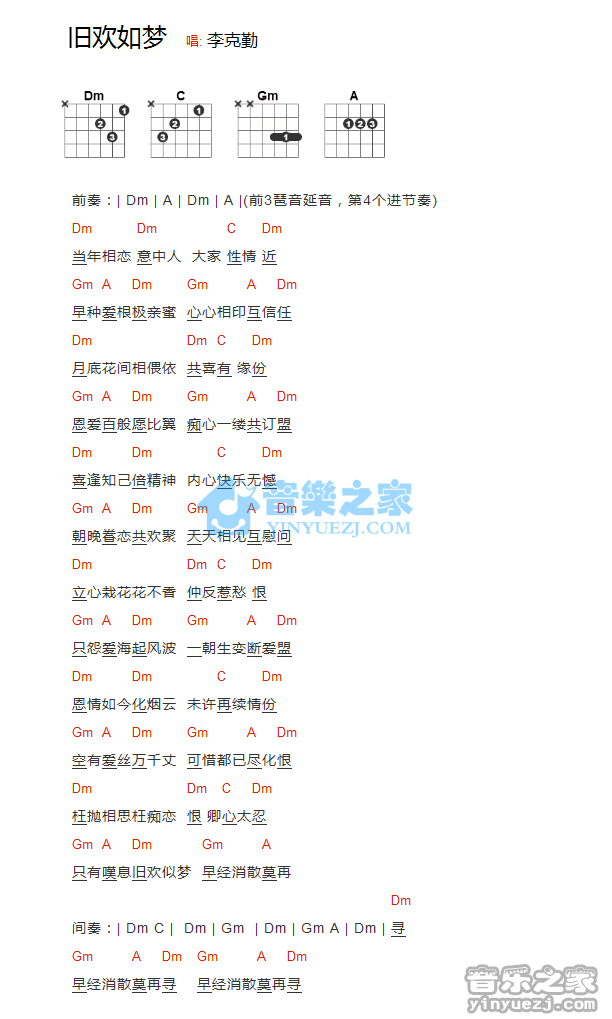 旧欢如梦吉他谱_D调和弦谱_李克勤