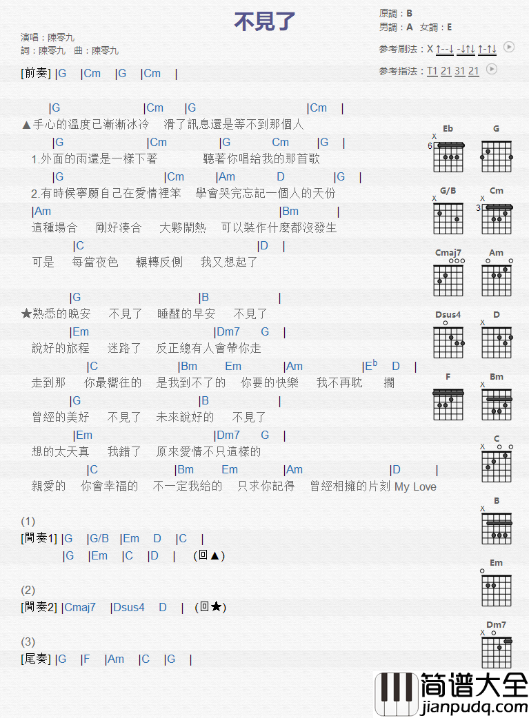 不见了_吉他谱_陈零九