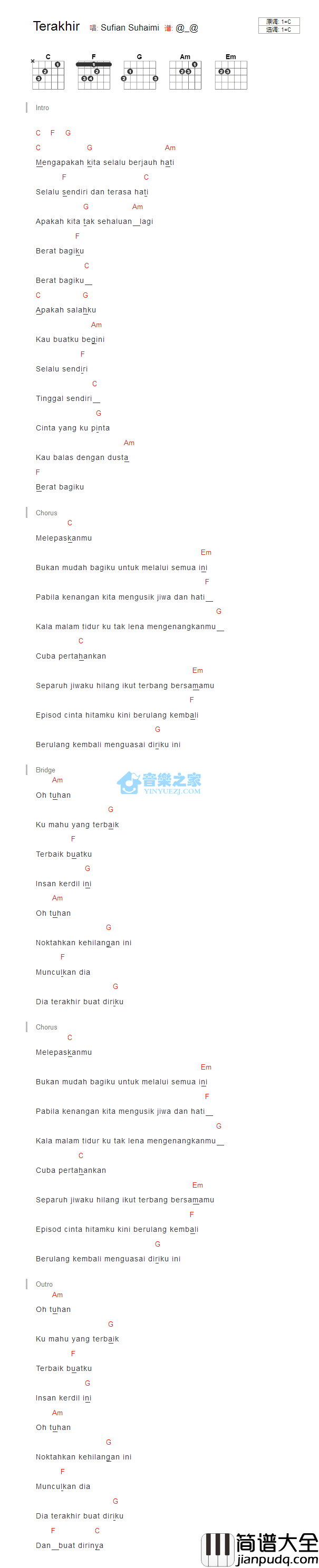 Terakhir吉他谱_C调版_Sufian_Suhaimi