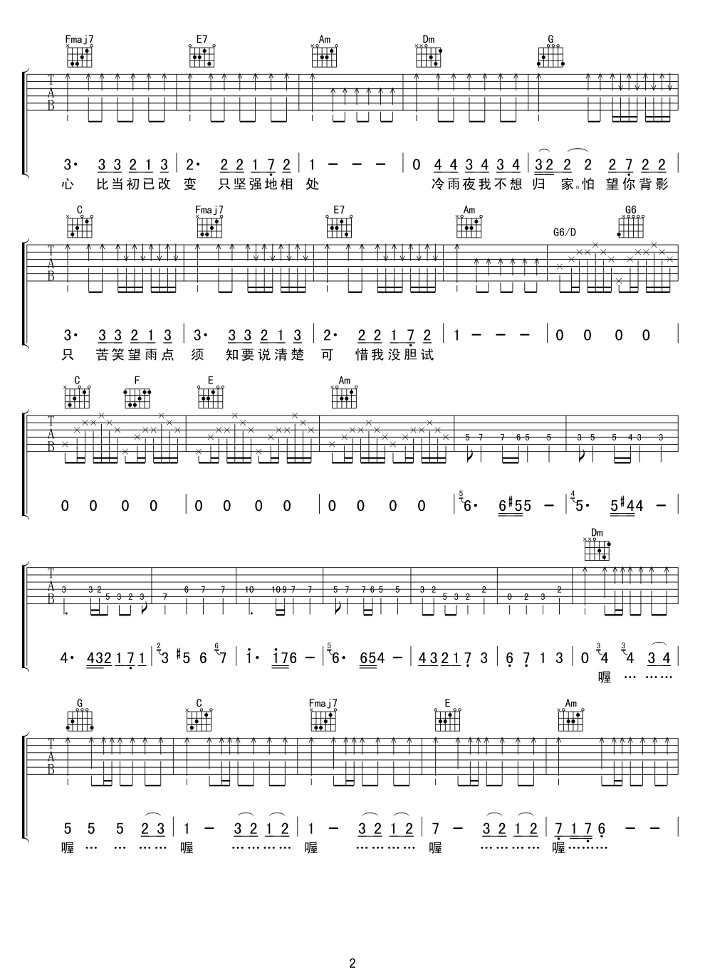 冷雨夜吉他谱C调_Beyond_弹唱六线谱