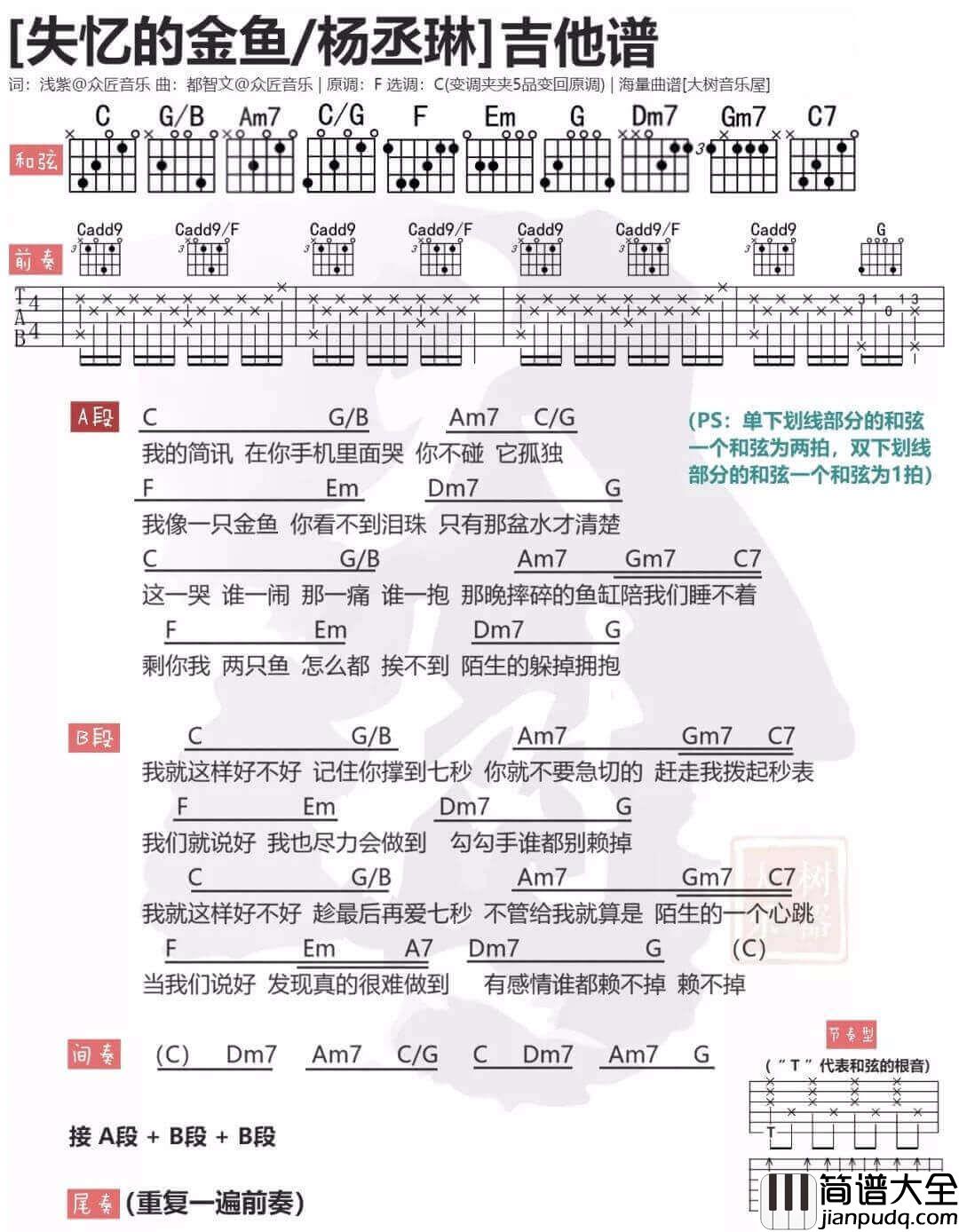 _失忆的金鱼_吉他谱_杨丞琳_C调简单版弹唱谱_高清和弦图谱