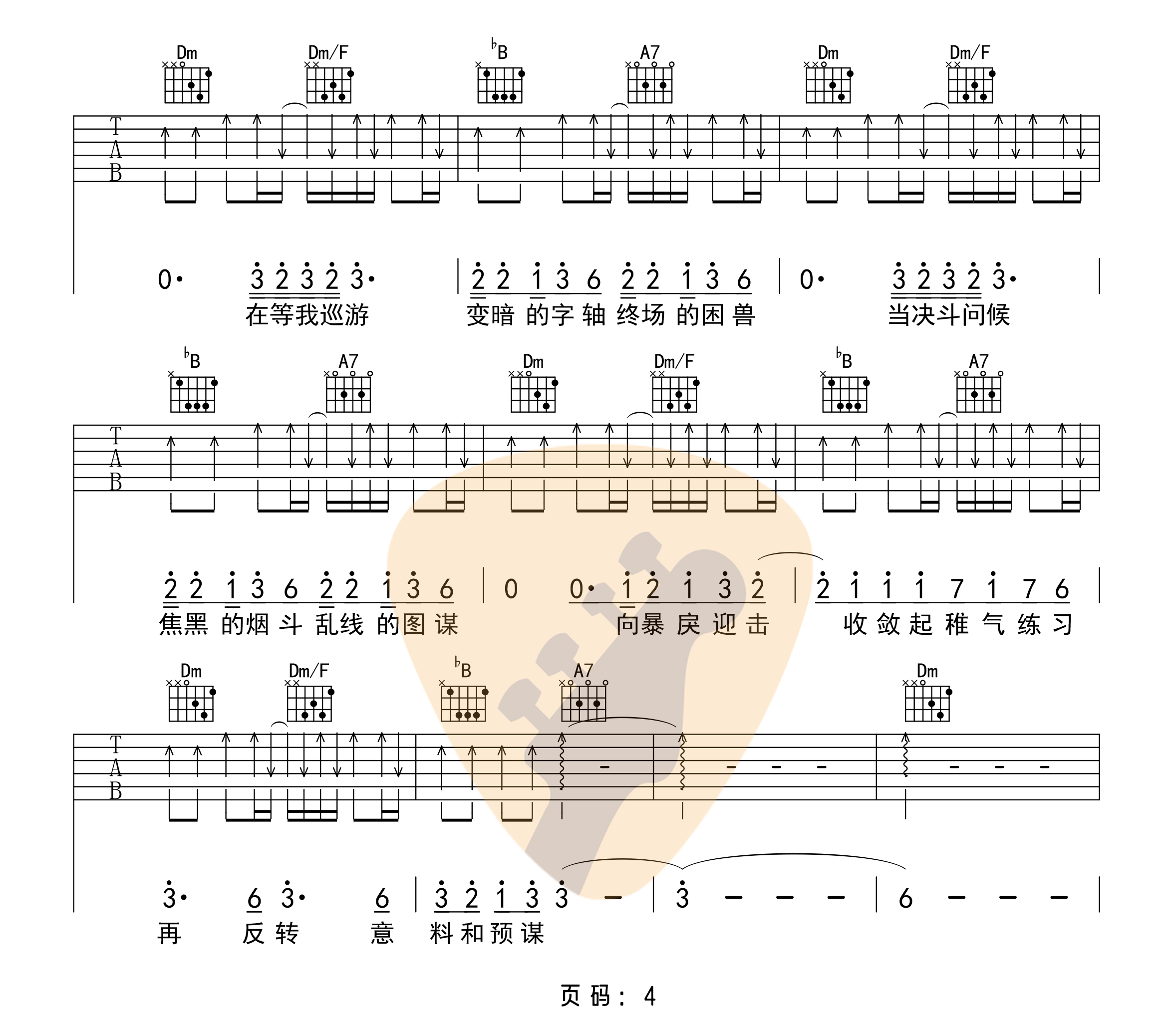 _寒鸦少年_吉他谱_华晨宇_F调简单版弹唱六线谱