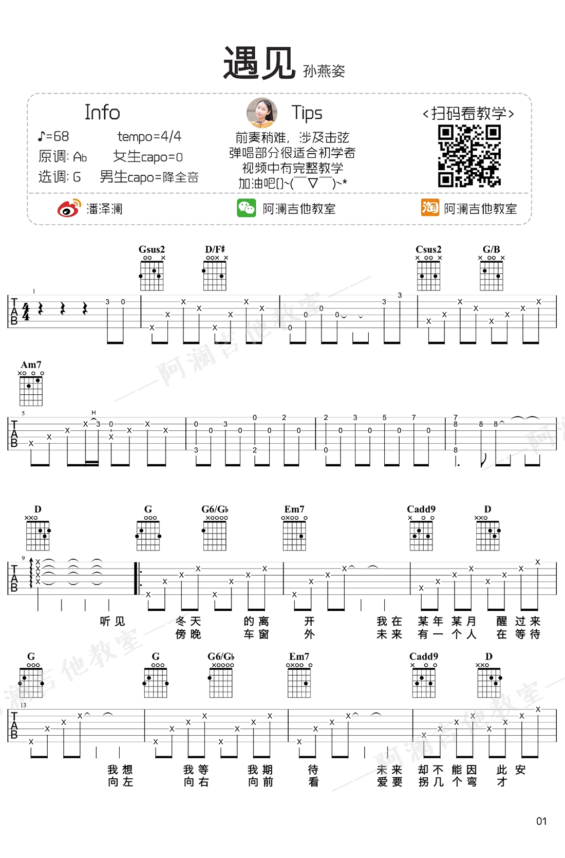 遇见吉他谱_孙燕姿_G调弹唱谱__遇见_视频教学