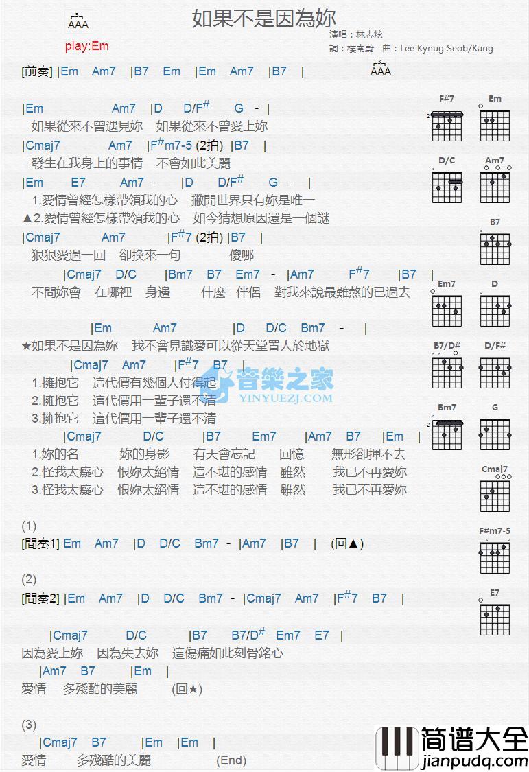 如果不是因为你吉他谱_Em调版_林志炫