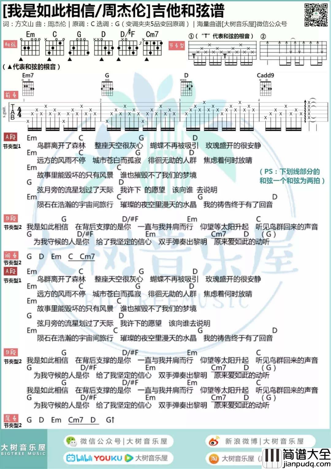 _我是如此相信_吉他谱/和弦谱_吉他弹唱示范教学_大树音乐屋