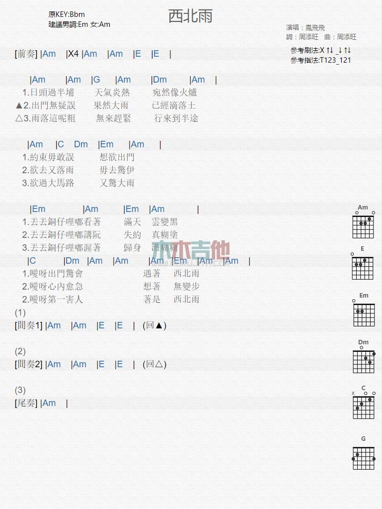 西北雨_吉他谱_凤飞飞