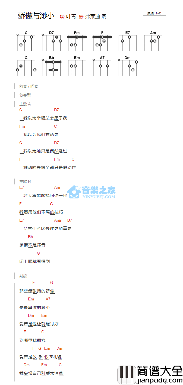 骄傲与渺小_吉他谱_C调版_叶青