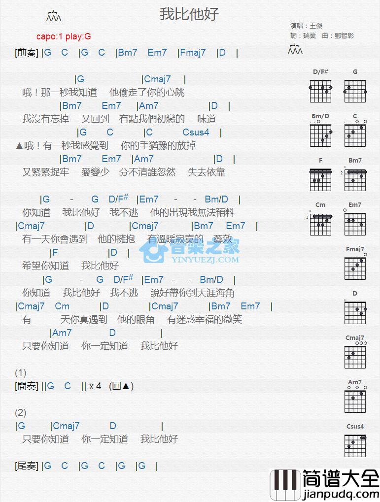 我比他好吉他谱_G调版_王杰