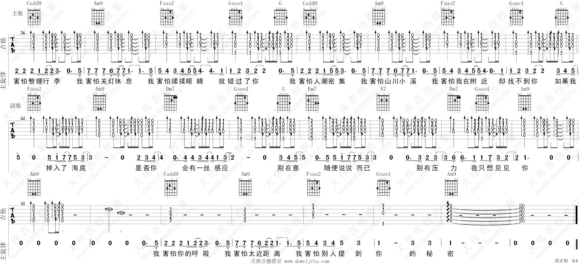 我害怕吉他谱_薛之谦_C调六线谱_视频教学版