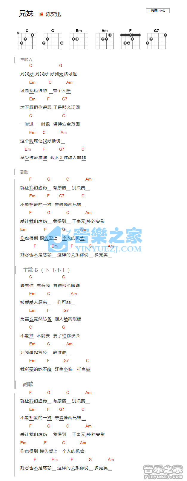 兄妹吉他谱_C调和弦谱_陈奕迅