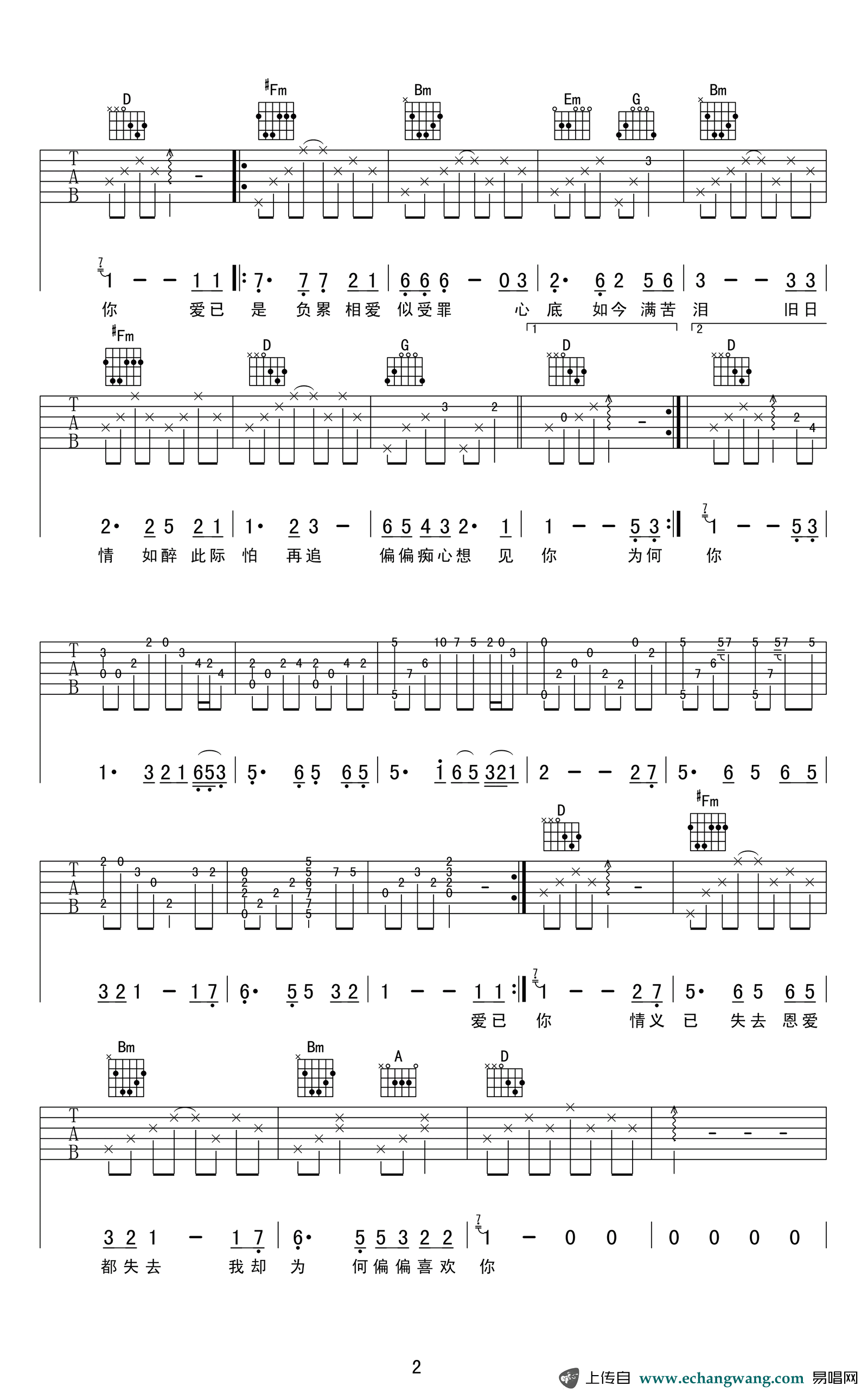 偏偏喜欢你吉他谱_女生版_陈百强_经典粤语歌曲