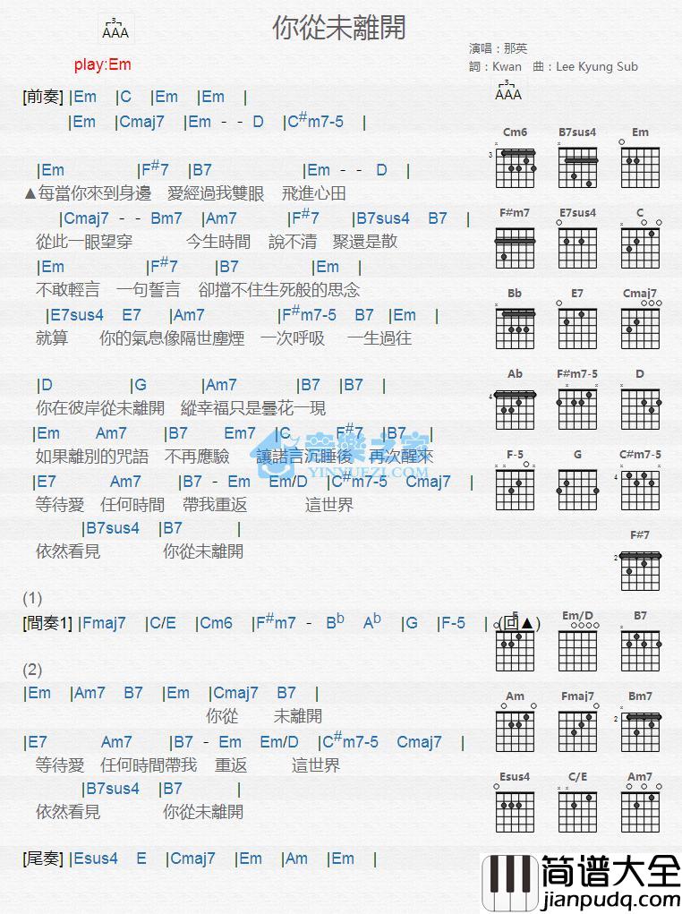 你从未离开吉他谱_Em调版_那英