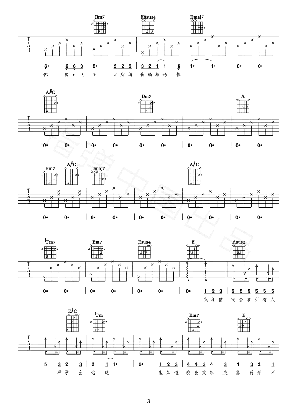 飞鸟吉他谱_A调指法_汪峰_飞鸟_弹唱六线谱