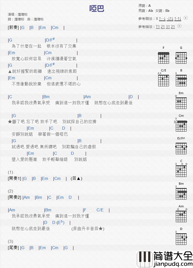 哑巴_吉他谱_潘玮柏