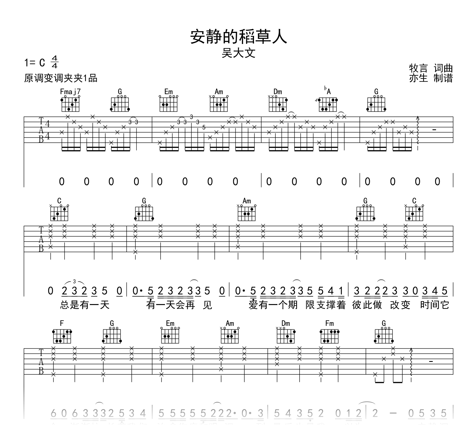 安静的稻草人吉他谱_吴大文_C调弹唱六线谱