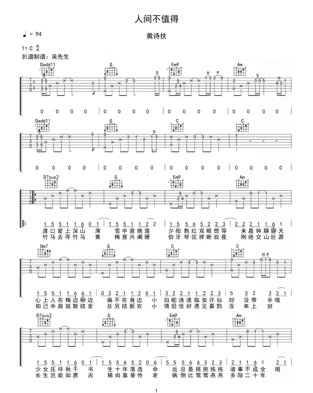 _人间不值得_吉他谱_黄诗扶_C调原版弹唱六线谱_高清图片谱