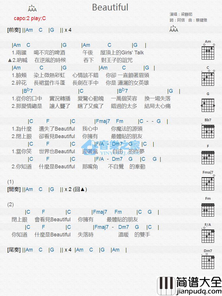 Beautiful吉他谱_C调版_梁静茹